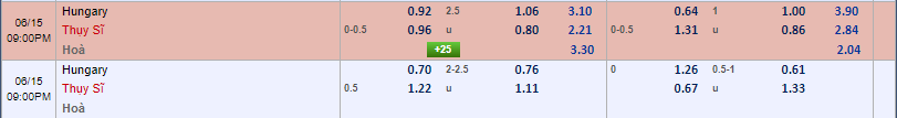 tỷ lệ kèo Hungary vs Thụy Sĩ